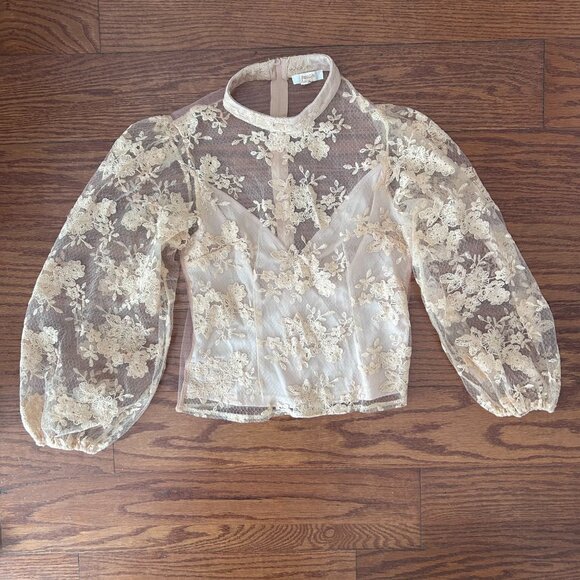 Sheer Mock Neck Long Sleeve Peach Floral Lace Top Built-in Cami Size Medium - Picture 12 of 14